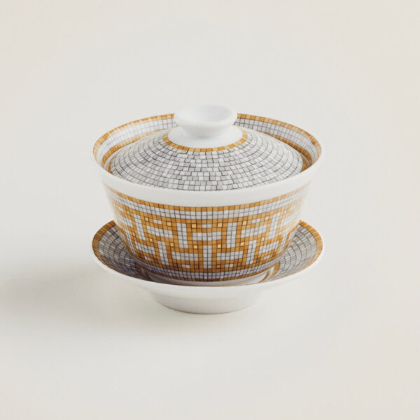 Чайная чашка Hermès Mosaique au 24 gold с крышкой и блюдцем